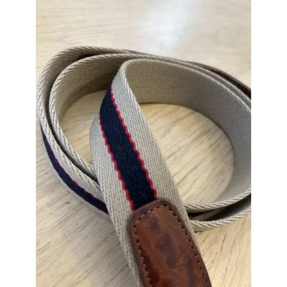 VTG Lands End Belt 42 Preppy Canvas Stripe Blue Leather Tan Y2K USA 506 Lot 2